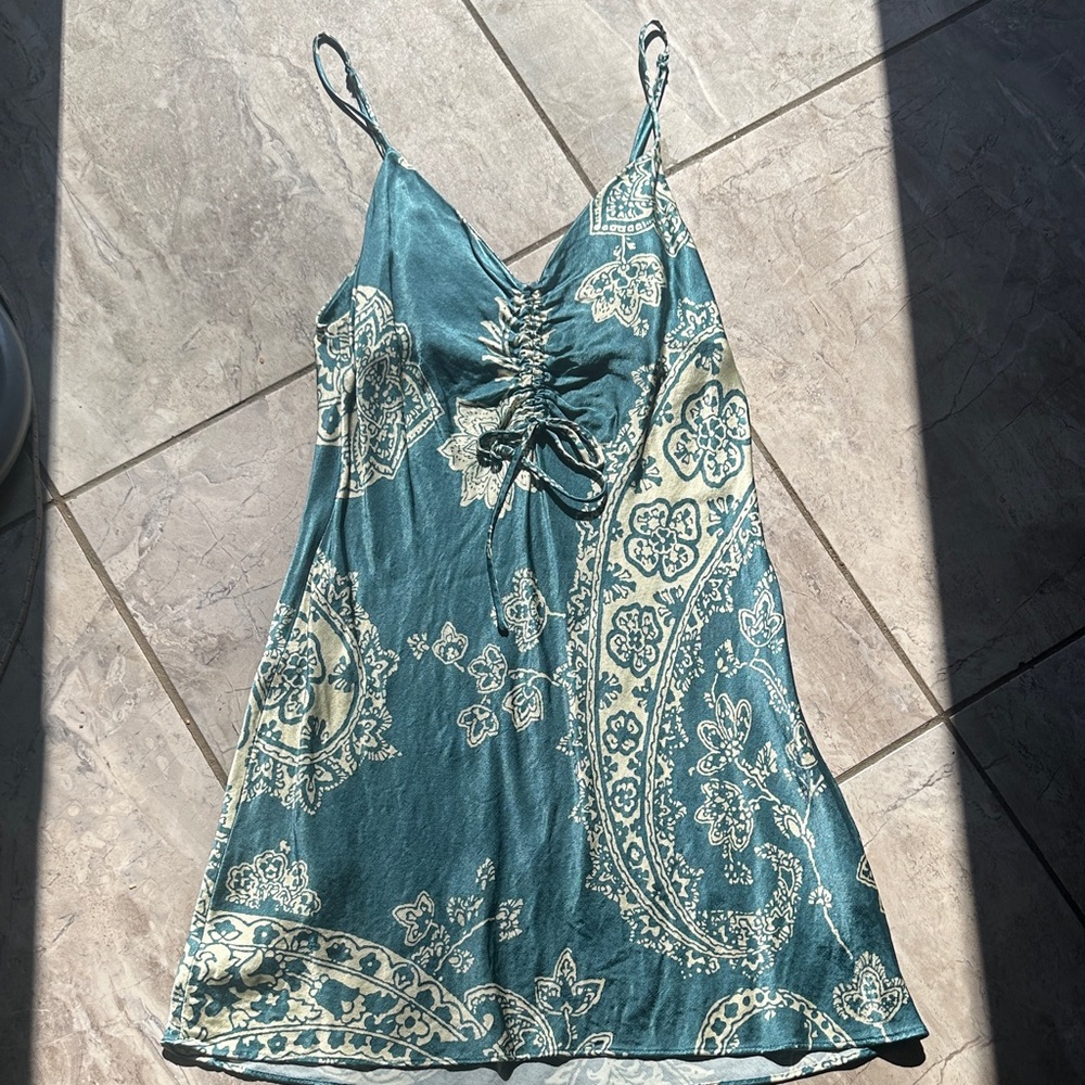 Zara teal and cream paisley print satin mini slip dress